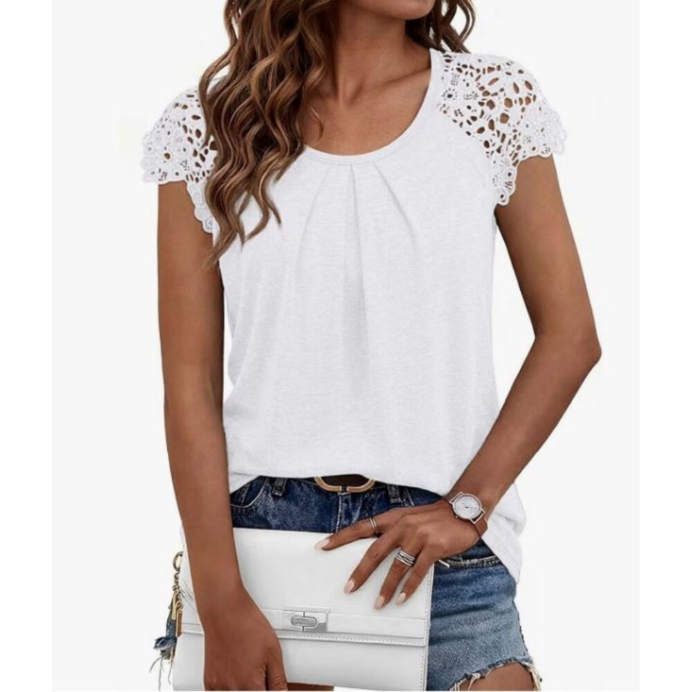 Automet Women's White Lace Short Sleeve T-Shirt Top Size Small NWT